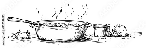 frying pan with steaming food and garlic