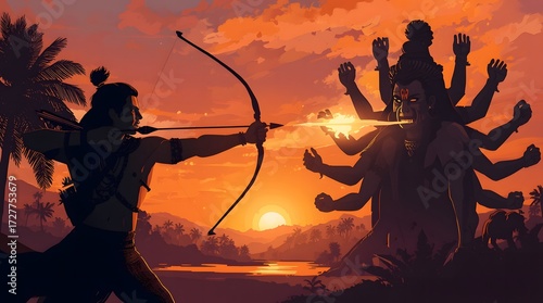 Ramayana-Inspired Archer Confronting Multi-Headed Ravana