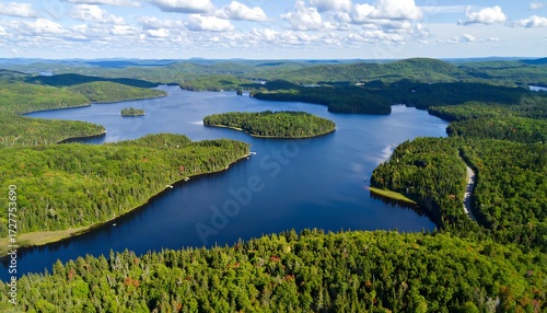 Aerial view of a large lake surrounded by green forests under a blue sky