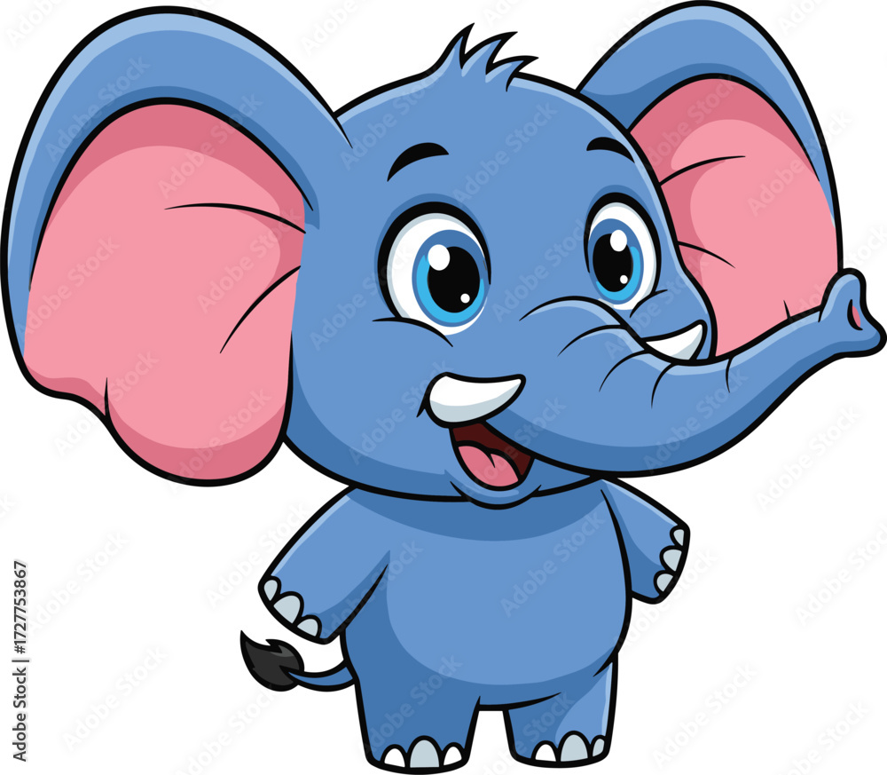Naklejka premium Cartoon blue elephant standing upright with cheerful smile and extended trunk, friendly animal character, vector illustration for kids, jungle and wildlife content