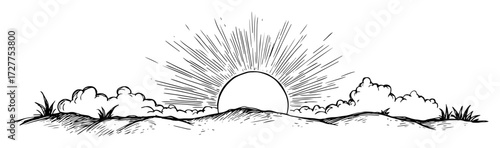 sun rising over clouds and hills vector drawing
