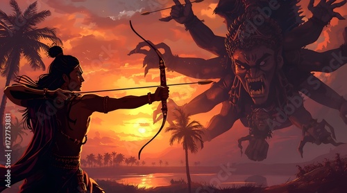 Ramayana-Inspired Archer Confronting Multi-Headed Ravana