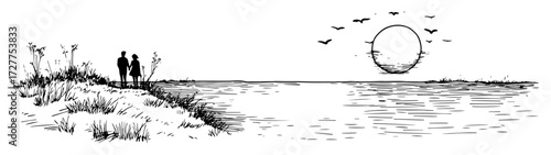 couple watching sunset on beach vector sketch