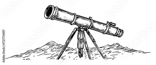 vintage telescope on tripod with mountains