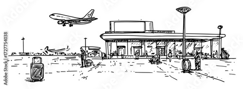 airport terminal with airplane taking off sketch