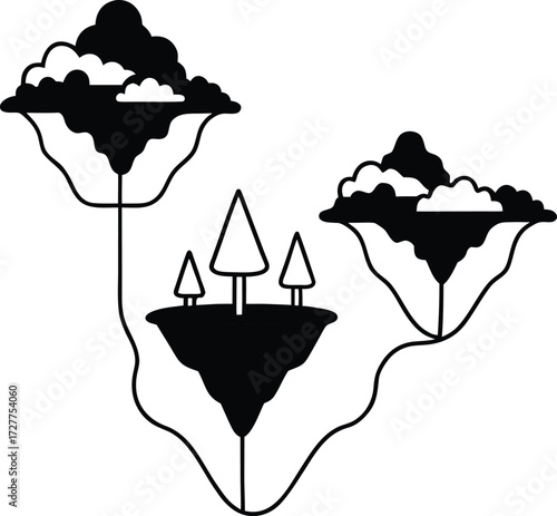 magical floating islands with waterfall illustration on transparent background