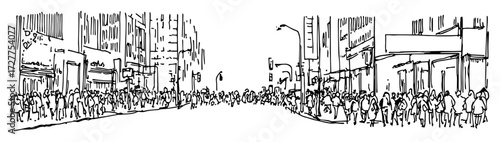 crowded city street with people and buildings