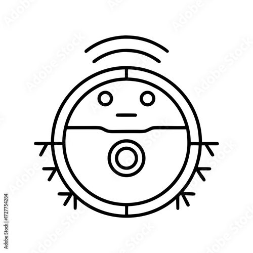 Line drawing of a robotic vacuum cleaner with facial features  