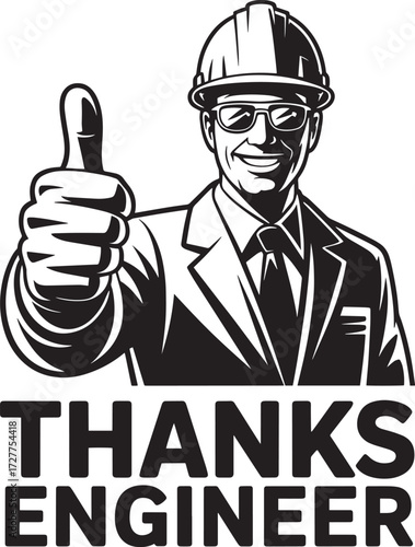 Engineer with thumbs up gesture wearing hard hat and glasses, black and white illustration
