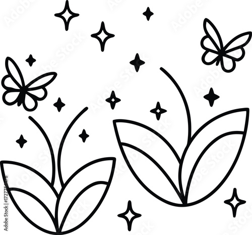 magical garden with sparkling butterflies illustration on transparent background