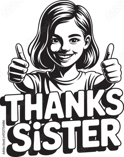 Girl smiling happy showing two thumbs up gesture, appreciation message Thanks Sister