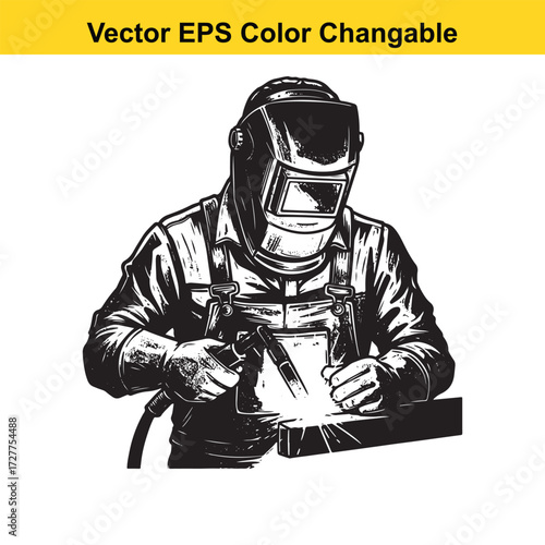Vector art of welder working with welding torch