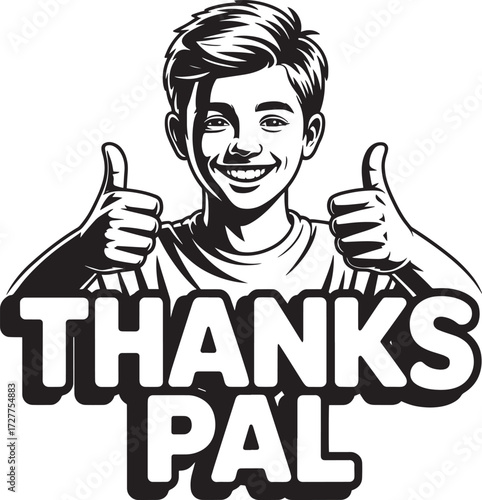 Happy teen boy showing thumbs up gesture, smiling kid giving like sign, thank you inscription