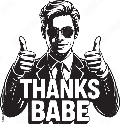 Man giving thumbs up gesture thanks babe black white illustration for t-shirt design print