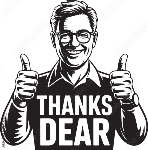 Man giving thumbs up gesture thanks dear black white illustration for t-shirt design print