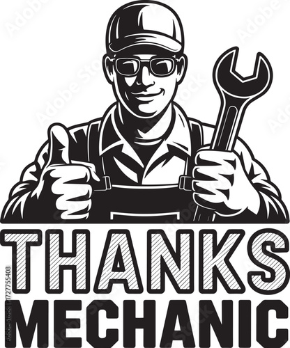 Mechanic with wrench and thumbs up gesture wearing cap and glasses, black and white illustration