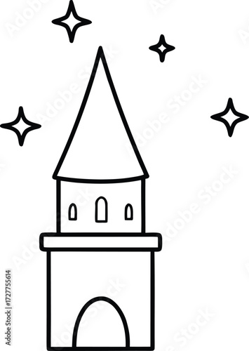 magical wizard tower with stars and crescent moon illustration on transparent background