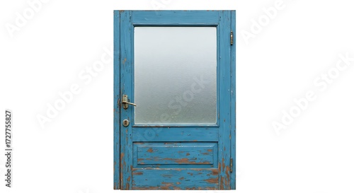 Front view of old blue wooden door with frosted glass window isolated on white | Modern Architecture & Home Design Inspiration