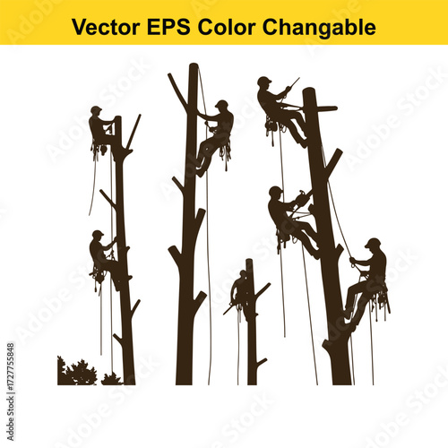 Vector art of silhouette of arborists climbing trees