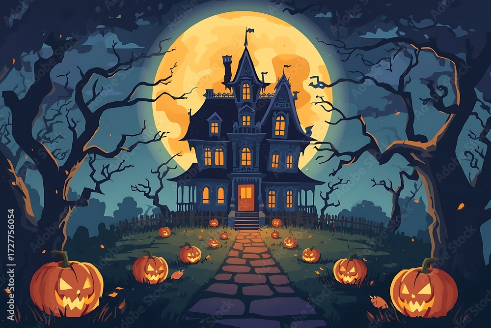 Fototapeta premium Halloween background with pumpkins and haunted house