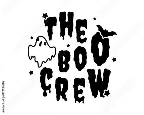 Playful 'The Boo Crew' Halloween typography design with a cute ghost and bat. A spooky and fun vector illustration for holiday celebrations