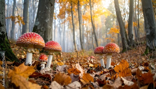Autumn forest scene with fly agaric mushrooms and fallen leaves on the forest floor