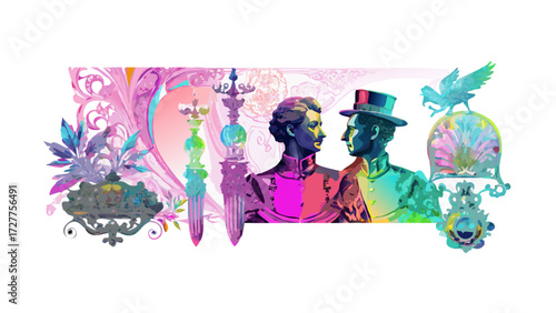 Illustration of gay couple in love with rainbow colors and ornate details and bird and floral design elements