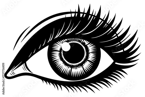 Blue human eye vector illustration with eyelash and eyebrow showing iris and pupil in close-up macro view for vision and beauty