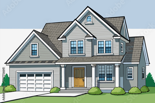 New residential property exterior featuring a green roof and lush grass