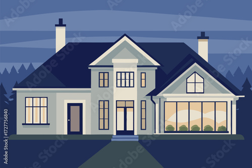 Vector illustration of a blue residential house exterior with a roof and windows, perfect for real estate and architecture projects