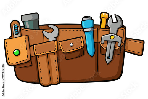 Vintage illustration of an old brown suitcase with a leather belt and metal buckle against a white isolated background