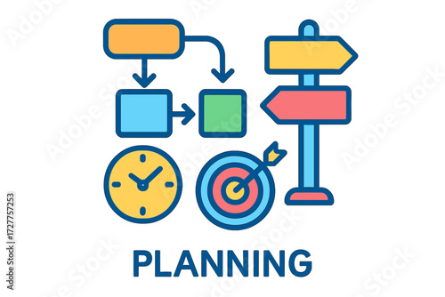 Planning flowchart with signs, clock, and target for management planning direction flow