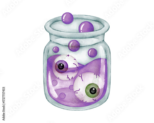 A Bewitching Halloween Potion Jar Filled with Ghoulish Eyeballs and Bubbly Elixir, Perfect for Spooky Celebrations and Mysterious Decorations