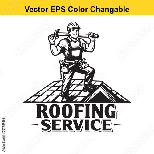 Vector art of roofing service worker holding hammer on rooftop