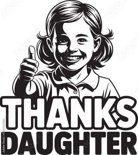 Smiling young girl giving single thumb up, thanks daughter message, black and white