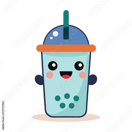 Cute Cartoon Bubble Tea with Smiling Face. Cute Boba Tea Character with Smiling Face and Bubbles.