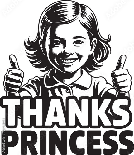 Smiling young girl giving two thumbs up, thanks princess message in black and white