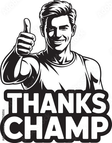 Smiling young man giving single thumb up, thanks champ message, black and white