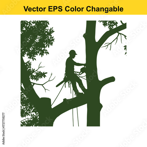 Vector art of arborist silhouette trimming tree with chainsaw