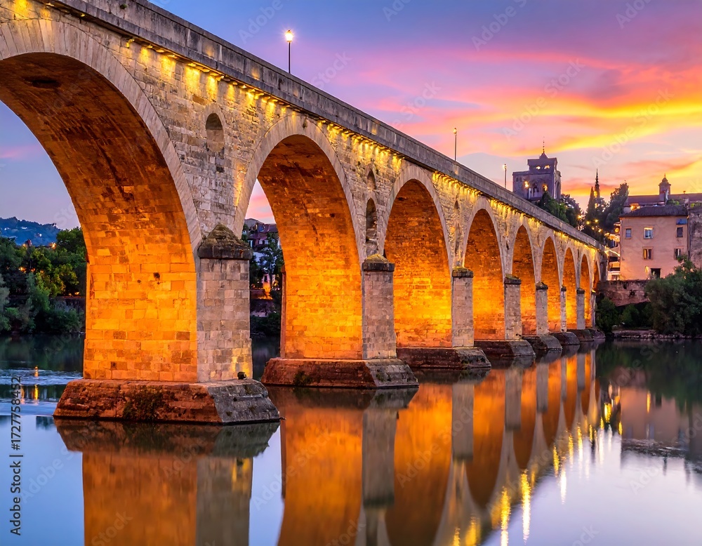Fototapeta premium Stone arch bridge at sunset over a calm river