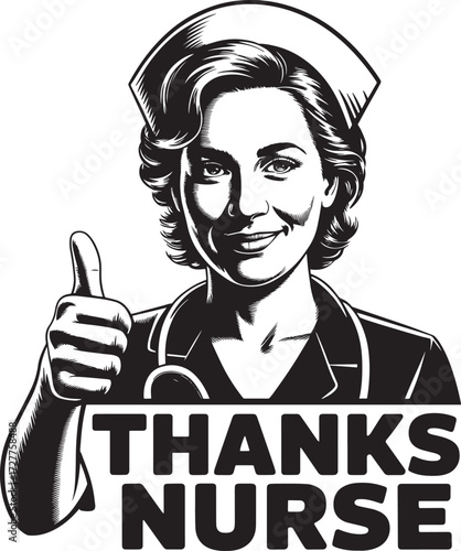 Thanks Nurse Woman Thumbs Up Grateful Medical Professional Recognition Monochrome Vector