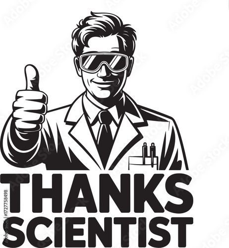 Thanks Scientist vector illustration with male researcher in lab coat and safety glasses