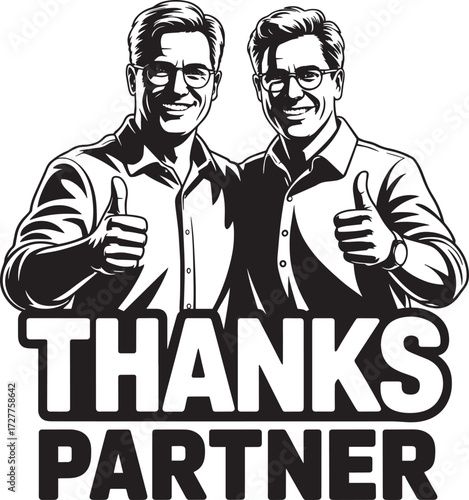 Two smiling men in eyeglasses and button-up shirts giving thumbs up thanks partner vintage label