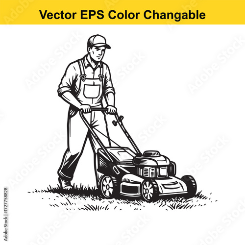 Vector art of man mowing lawn with a push mower
