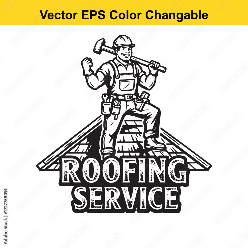 Naklejka premium Vector art of roofer with hammer on roof