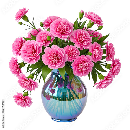 Pink carnation flowers in a vase isolated on transparent background