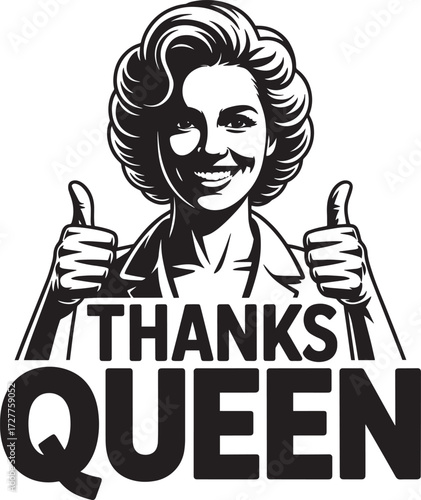 Woman gives two thumbs up, thanks queen, vintage style, pop art, comic book, halftone, monochrome