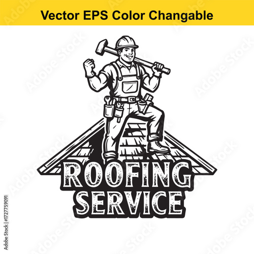 Vector art of roofer with hammer on roof