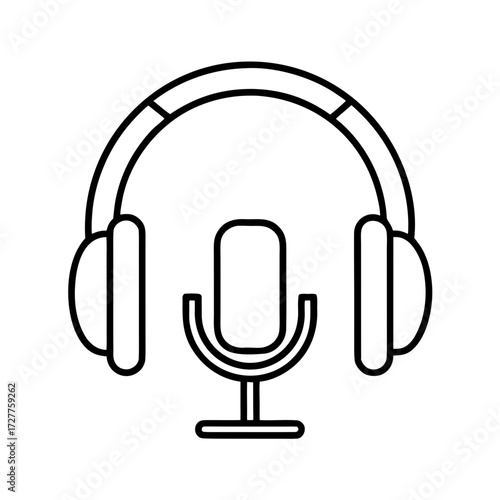 Headphones and microphone outline illustration on white background  