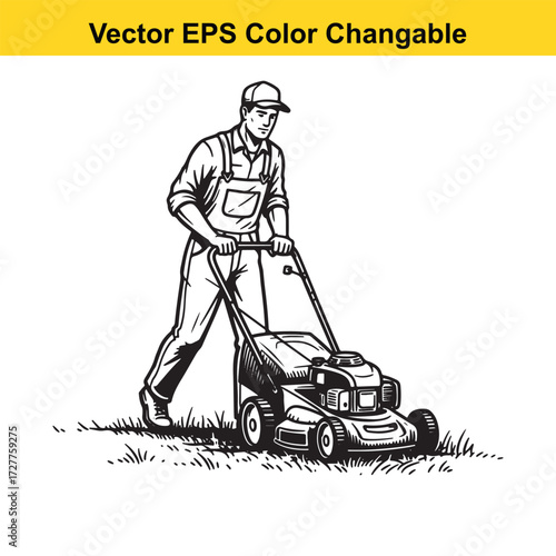 Vector art of man mowing lawn with push mower, vector illustration